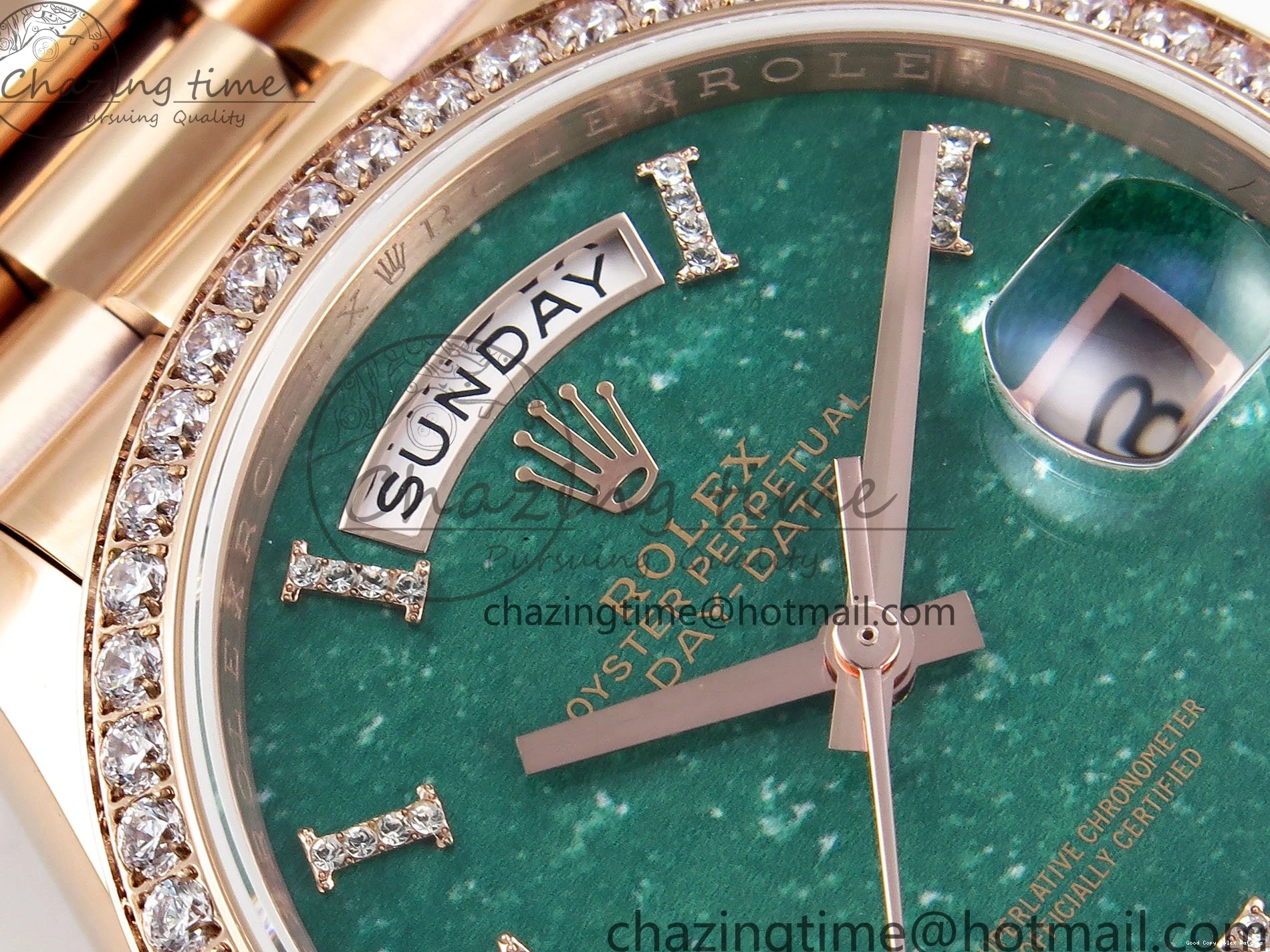 Good Copy Rolex Watches Edition RG on TWSF 36 Diamonds Diamonds Date Bezel Day SmartChoice Green 1608 Best Dial Roman RG A Bracelet 0114